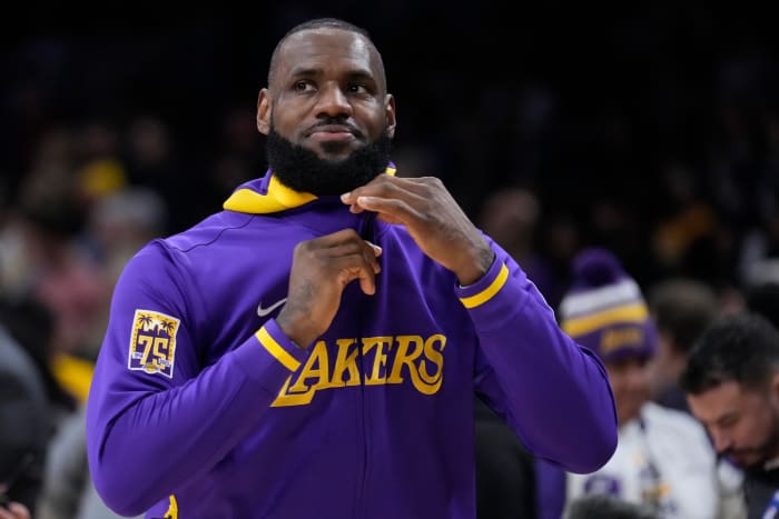 LeBron James warms up before an NBA basketball game against the Chicago Bulls